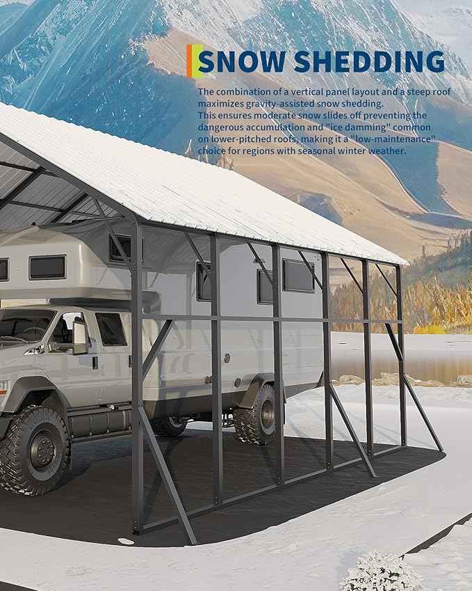 Garvee 20x25 ft Metal Carport Kit, 120° Steep-Pitch Vertical Roof for Snow Shedding, 173" High-Clearance RV & Tractor Shelter, Heavy-Duty 2 Cars Car Port with Reinforced Frame