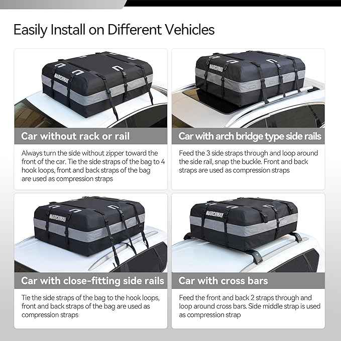 MARCHWAY Waterproof Car Roof Luggage Bag, Weatherproof Soft Shell Rooftop Cargo Carrier Bag for Vehicles with or Without Rack. 6 Door Hooks, Anti Slip Mat, Lock Included (21 Cubic Feet, Black)