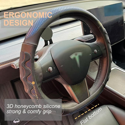 PINCTROT Great Grip Steering Wheel Cover for Tesla Model Y/3 2016-2025 2026 Standard/Highland/Juniper, D Shaped 14 Inch Small Sized, Flat Bottom with 3D Honeycomb Anti-Slip Design (Great Grip Blue)