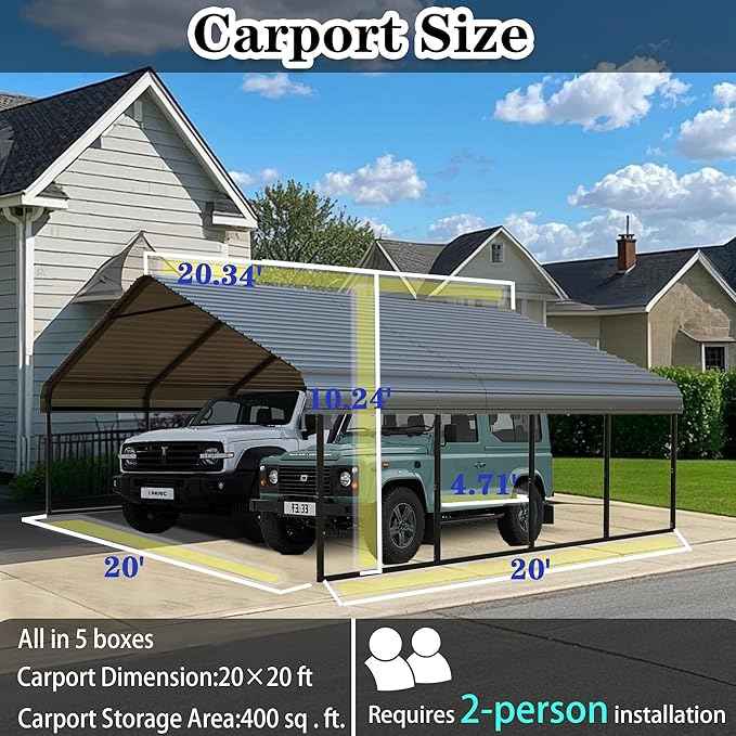 Heavy Duty Metal Carport 20x20 FT Galvanized Steel Carport Shelter for 2 Car Extra Large Canopy for Dual Vehicle, RV Boat Storage All Weather Protection Garage Party Tent (20x20 FT)