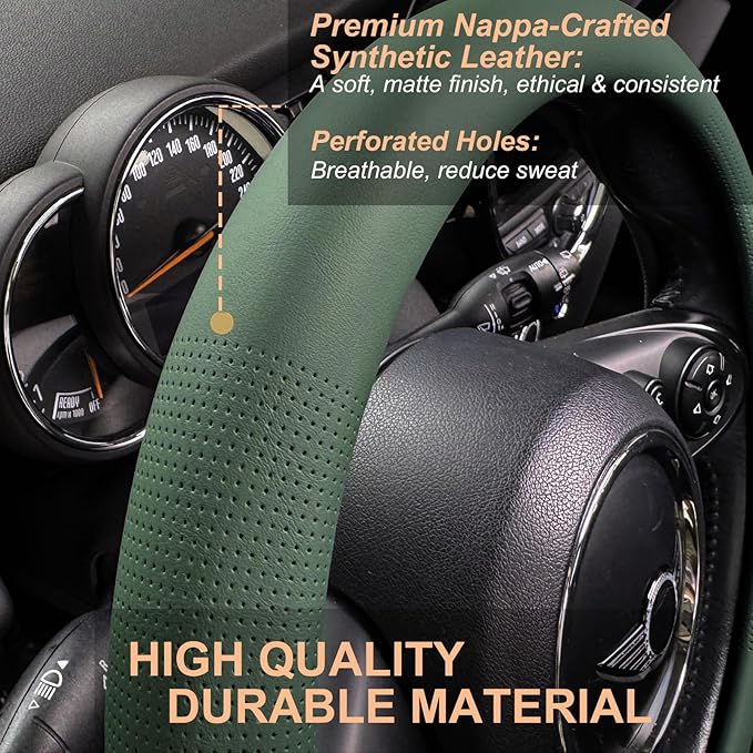 PINCTROT D Shaped Nappa Leather Steering Wheel Cover, Slim Fit No Bulk Design, One Piece Leather with Breathable Perforation, Fit Like Gloves, Flat Bottom 14.5-15 Inch(Nappa Green)
