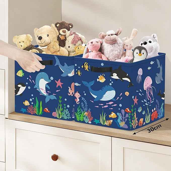 Clastyle 3 pcs Ocean Animals Cube Storage Unit Bin with Metal Frame Foldable Kallax Box for Shelves Parents Closet Organizer Basket for Book Clothes Toy Organizer, Blue, 11.8x11.8x11.8 in
