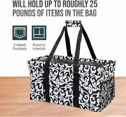 Extra Large Utility Tote Bag - Oversized Collapsible Reusable Wire Frame Rectangular Canvas Basket With Two Exterior Pockets For Beach, Pool, Laundry, Car Trunk, Storage - Damask Black