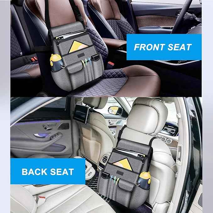 Car Front Seat Organizer| Efficient Car Organizers and Storage | Laptop,Tablet Pockets, Adjustable Straps,Kid-Friendly, Multi-Pocket, Cup Holders, Sturdy and Durable, Grey