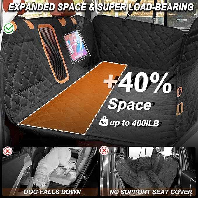 Back Seat Extender for Dogs, Waterproof Dog Car Seat Cover for Back Seat with Hard Bottom-Upgraded Anti-Scratch 1680D Oxford Fabric-Holds 600Lbs, Stowable Dog Hammock for Car&SUV&Truck （Grey，Large）