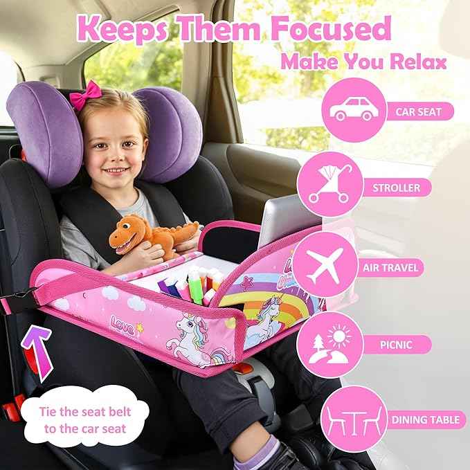 Kids Travel Tray for Toddler Carseat, Road Trip Activities Essentials for Toddler, Kids Lap Desk Tray with Tablet Holder Stand ＆ Dry Erase Board (Pink Unicorn)