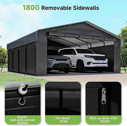 20x20FT Heavy Duty Metal Carport,Outdoor Garage with Removable Sidewalls & Doors, Heavy Duty Steel Frame and Galvanized Roof for Cars and Boats, Gray