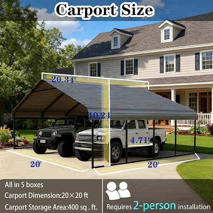 Heavy Duty Extra Large Metal Carport with Vertical Roof Design - All Weather Protection Galvanized Steel Shelter for 2 Car, Dual Vehicle, RV and Boat Storage (20x20 FT)
