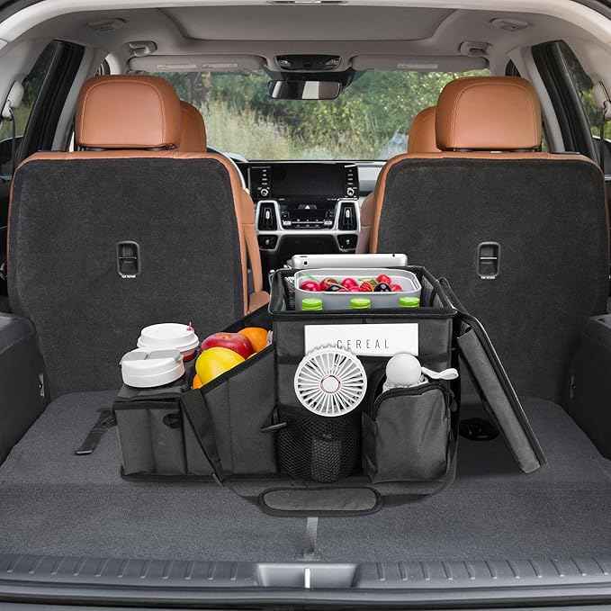 Car Organizer for Front Seat Organizer and Storage, Collapsible Car Caddy, Passenger Seat Organizer with Partitions & Cup Holders, Car Organization for kids and Adults (Grey)