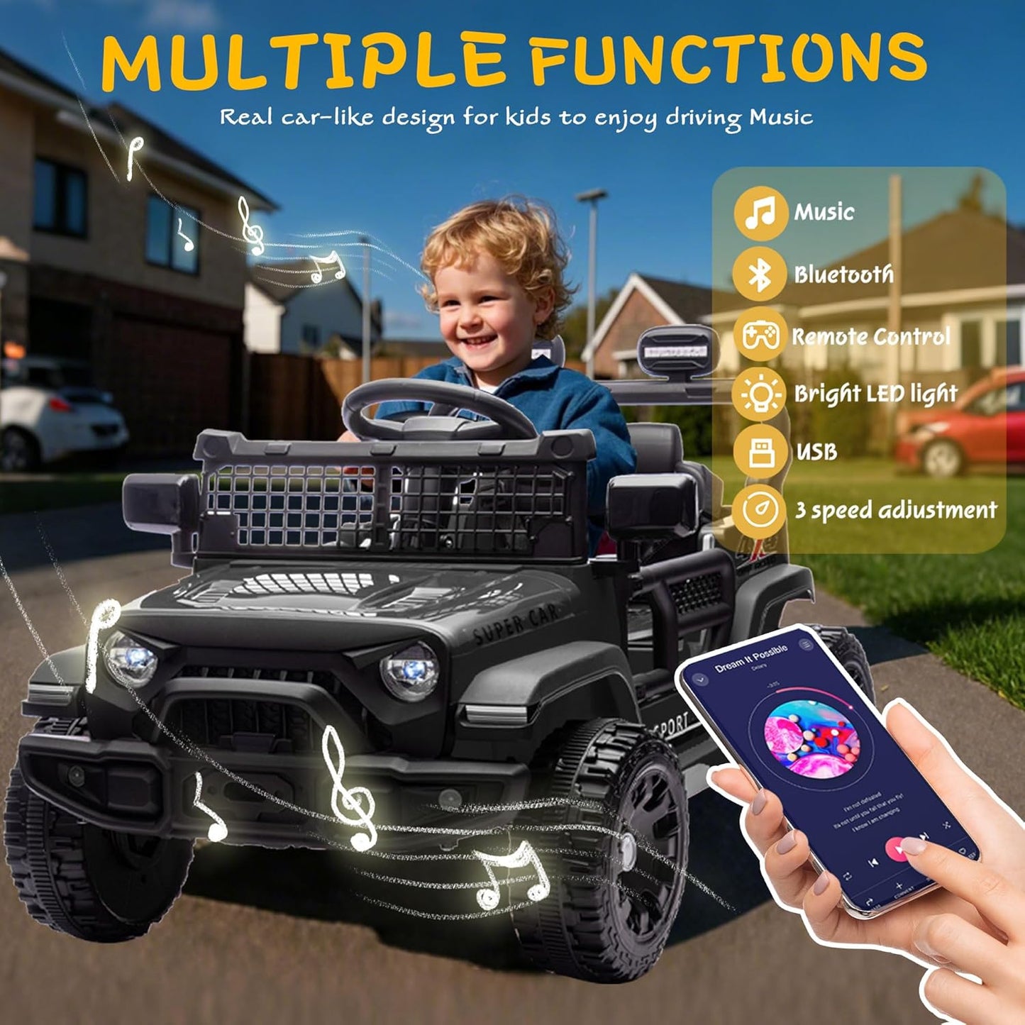 24V Ride on Toys with Parents Control, Ride on Truck Car with Four-Wheel Suspension, Electric Vehicles for Kids, Power Display, Bluetooth, MP3, Music, LED Headlight, 1.86-3.11MPH (Black) - AutoBay