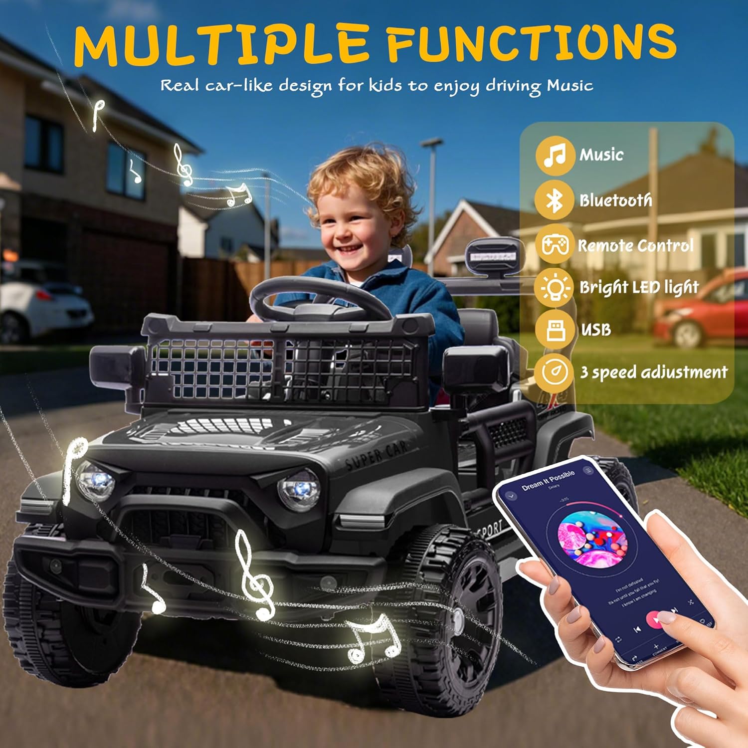 24V Ride on Toys with Parents Control, Ride on Truck Car with Four-Wheel Suspension, Electric Vehicles for Kids, Power Display, Bluetooth, MP3, Music, LED Headlight, 1.86-3.11MPH (Black) - AutoBay