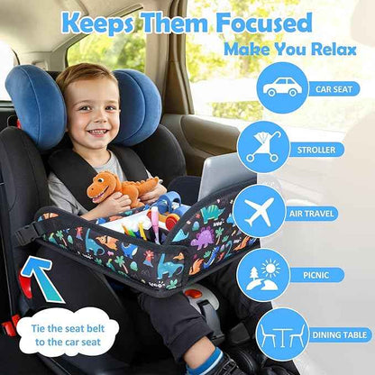 Kids Travel Tray for Toddler Carseat, Road Trip Activities Essentials for Toddler, Kids Travel Lap Desk Tray with Holder Stand ＆ Dry Erase Board (Dinosaur)