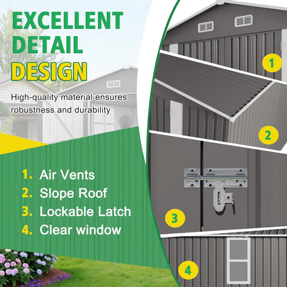 10 x 12 FT Large Outdoor Storage Shed w/ 2 Clear Window, Heavy Duty Metal Garden Sheds with Lockable Door & Air Vents, Waterproof Tool House for Bicycles, Tools, Backyards, Patios, Lawns, Gray
