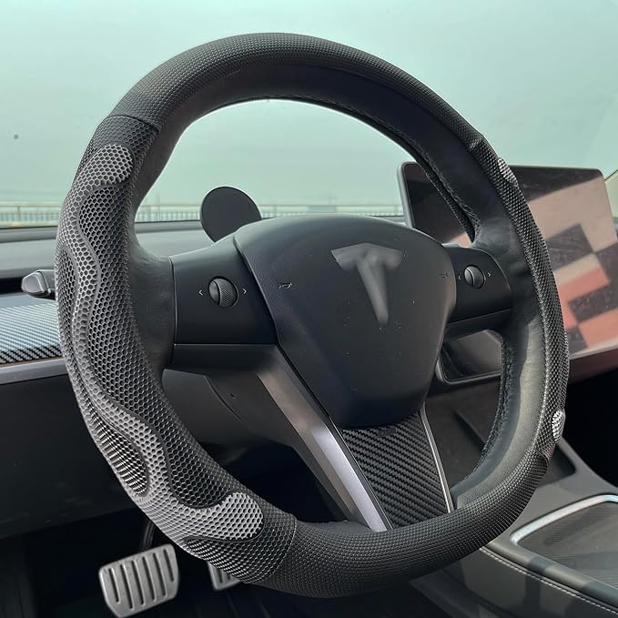 PINCTROT Comfy Grip Steering Wheel Cover for Tesla Model Y/3 2016-2025 2026 Standard/Highland/Juniper, D Shaped 14 Inch Small Sized, Flat Bottom with 3D Honeycomb Anti-Slip Design (Comfy Grip Gray)