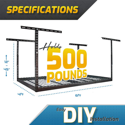 MonsterRax Overhead Garage Storage Racks 4x6, Ceiling Mounted Shelving, Adjustable Hanging Storage Organizer, Heavy Duty Steel, Holds 500 Pounds, Color: Hammertone, Adjusts 18"-33” off Ceiling