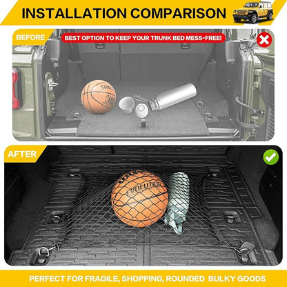 Trunk Mat with Net for 2018-2025 Jeep Wrangler JL Unlimited 4X4 Accessories All Weather Protection Rear Trunk Liner Cargo Net for 18-25 JL JLU Gas Type 4 Door(Not for 4XE)