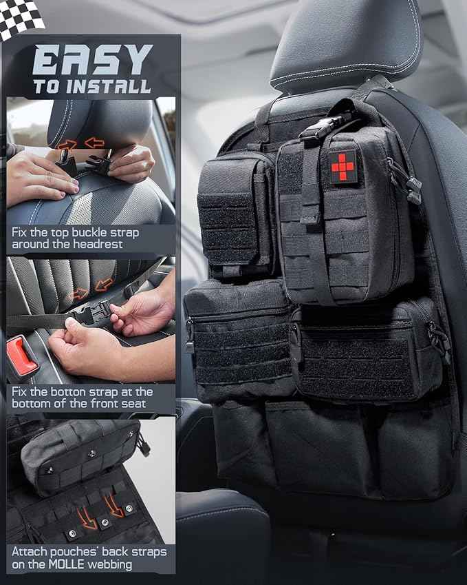 WYNEX Car Seat Back Organizer Set, Universal Vehicle Accessories Molle Panel Detachable 4 Tactical Pouches - Medical, Phone, Admin Storage Bag for Road Trips, Fits Most Cars, SUVs, Trucks