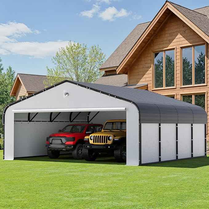 20x20 Metal Carport, Heavy Duty 2-Car Carport Canopy, CarPorts with Removable Polyethylene Sidewalls, Galvanized Steel Roof Car Tent Garage
