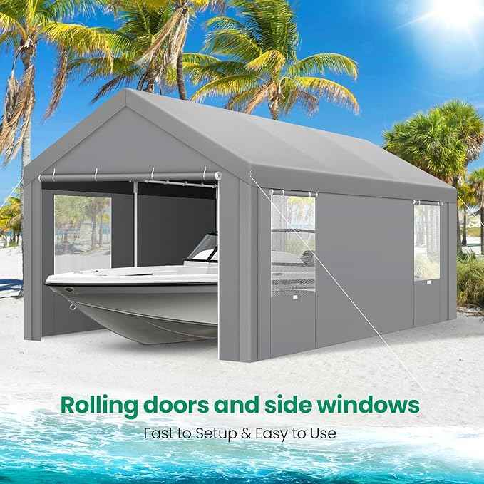 COBIZI 10x20 FT Heavy Duty Carport with Galvanized Frame, Carport Canopy with Roll-up Windows, Storage Tent with Removable Sidewalls & Doors, Built-in Sandbags for Car Boat Truck, Gray