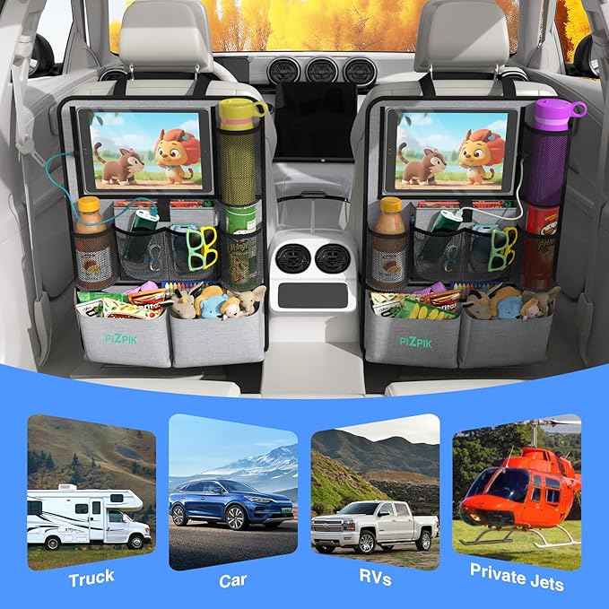 Car Backseat Organizer with Tablet Holder,11 Storage Pockets with Foldable Food Tray, Protector Kick Mats for Kids, Travel Accessories Organizer (Gray, 2-Pack)