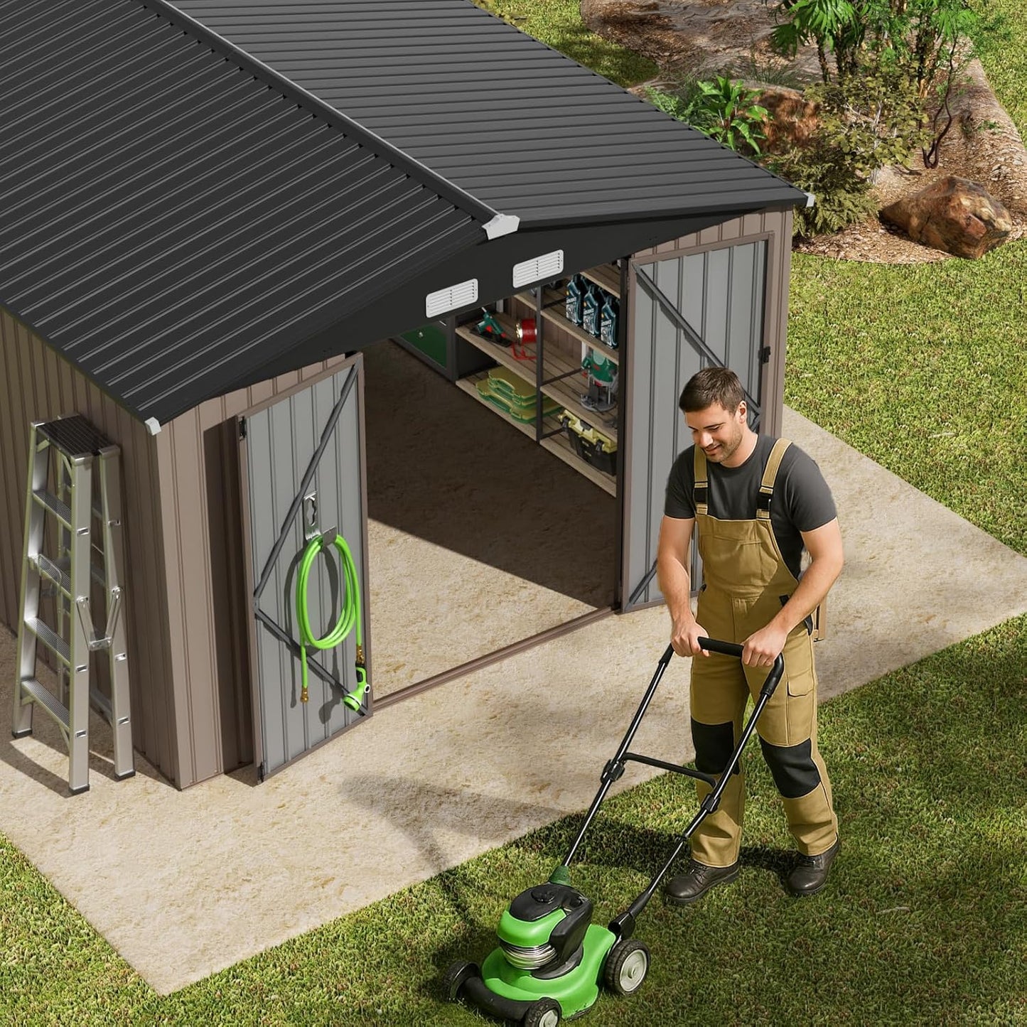 GVDV 10x14 FT Outdoor Metal Storage Shed, Durable Garden Shed with Updated Frame Structure for Backyard, Patio, Tool Storage, All-Weather Shelter for Bike, Gardening Tools, Lawn Mowers