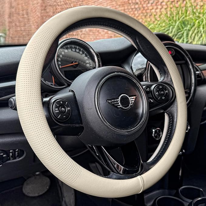 PINCTROT Nappa Leather Steering Wheel Cover, Slim Fit No Bulk Design, One Piece Leather with Breathable Perforation, Fit Like Gloves, Universal 14.5-15 Inch(Nappa Beige)