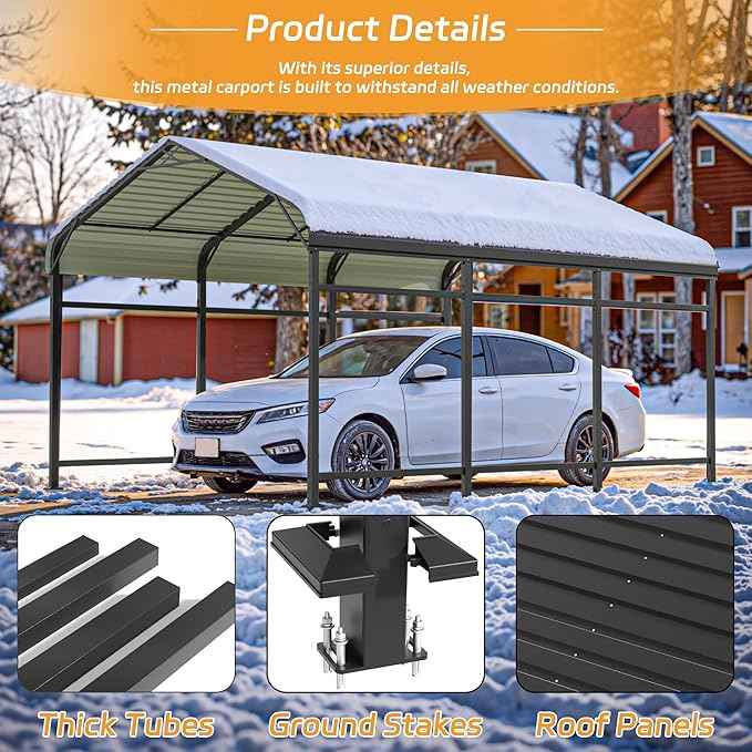 Patiowell 10x15 FT Metal Carport, Heavy Duty Outdoor Carport with Reinforced Frame and Galvanized Steel Roof, All-Weather Car Port Shelter for Car, Truck, Boat and Tractor, Black