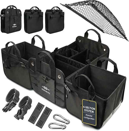 XL Modular Trunk Organizer System – 4 Section Extra Large Car Cargo Organizer for SUVs, Trucks & Cars – Foldable Multi-Compartment Storage, Heavy Duty 1680D Oxford – Black