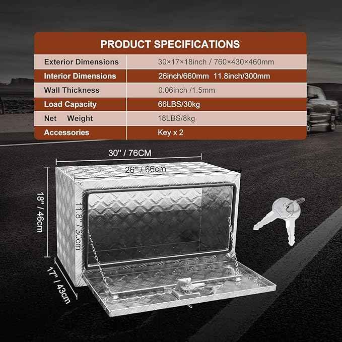 VEVOR Underbody Truck Box, 30"×17"×18" Pickup Storage Box, Heavy Duty Aluminum Diamond Plate Tool Box with Lock and Keys, Waterproof Trailer Storage Box with T-Handle Latch for Truck, Van, Trailer