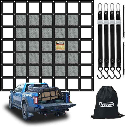 Tecoom Truck Bed Cargo Net, 7.12'x6.66' Heavy Duty for Pickup Truck Bed with Adjustable Cam Buckles, 4 S-Hooks, 2 Cross Strap, 1,500 lbs Capacity Accessory