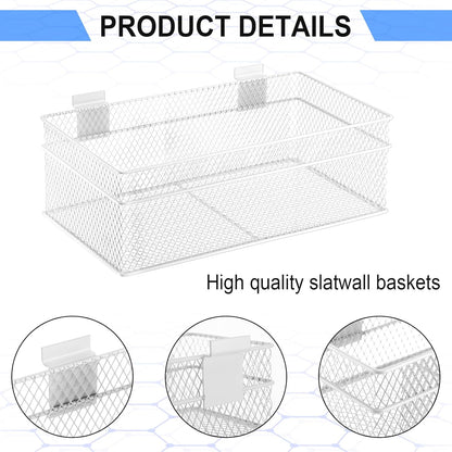 Barydat 4 Pcs Slatwall Basket Set Ventilated Metal Slatwall Basket Hanging Wire Bins Wall Mounted Accessories for Panel Garage Storage Display Organizing(Multi Size,White)