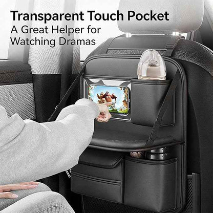 2 Pack Universal Premium Leather Foldable Car Backseat Organizer with Table Tray, Seat Back Protector with Touch Screen Pad Phone Holder, Car Storage Pockets Tissue Box with School Bags Hooks