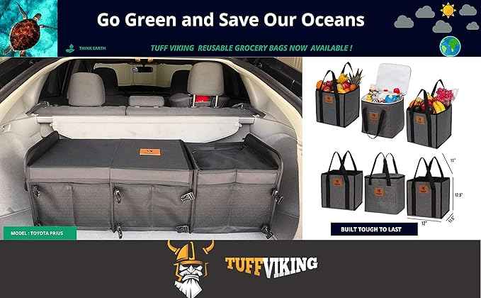 Tuff Viking Convertible Large 3 Compartment SUV Trunk Organizer with Cover | Truck Bed Organizer | for Trucks, Cars, SUVs and Groceries with Tie Down Straps. (6 in 1 with Cover, Black)