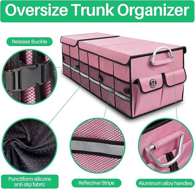 Big Car Trunk Organizer, Cargo Organizer SUV Trunk Storage Non Slip Bottom Waterproof Collapsible Durable Multi Compartments-(Oversize,Pink)