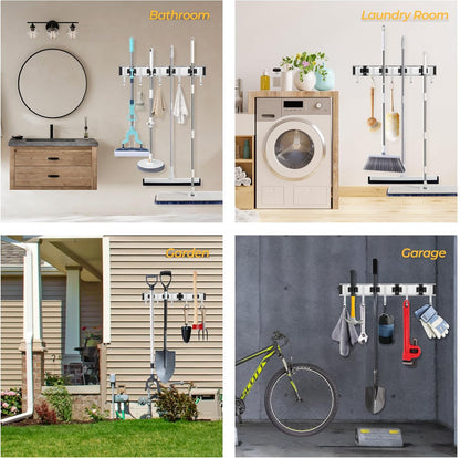 Broom Holder Wall Mount, 4 Star Roller Clips & 5 Extra Long Hooks, Thickened Backboard, Heavy Duty 55lbs Garden Tool Organizer for Mop, Rake, Shovel Storage