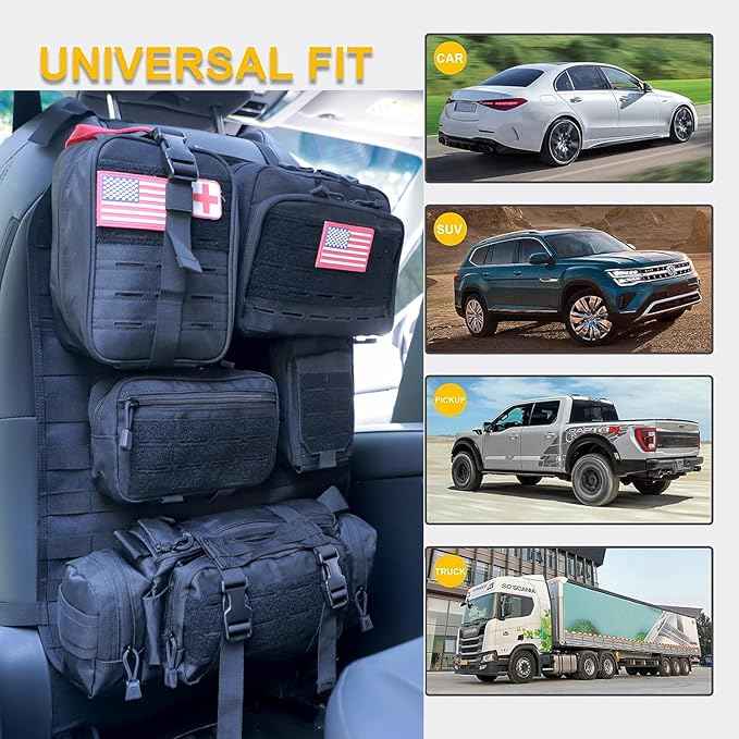 Universal Tactical Car Seat Back Organizer Bag Tactical Molle Vehicle Organizers Panel Vehicle Protector Organizers with 5 Detachable Pouches for Car (Upgraded D Black)