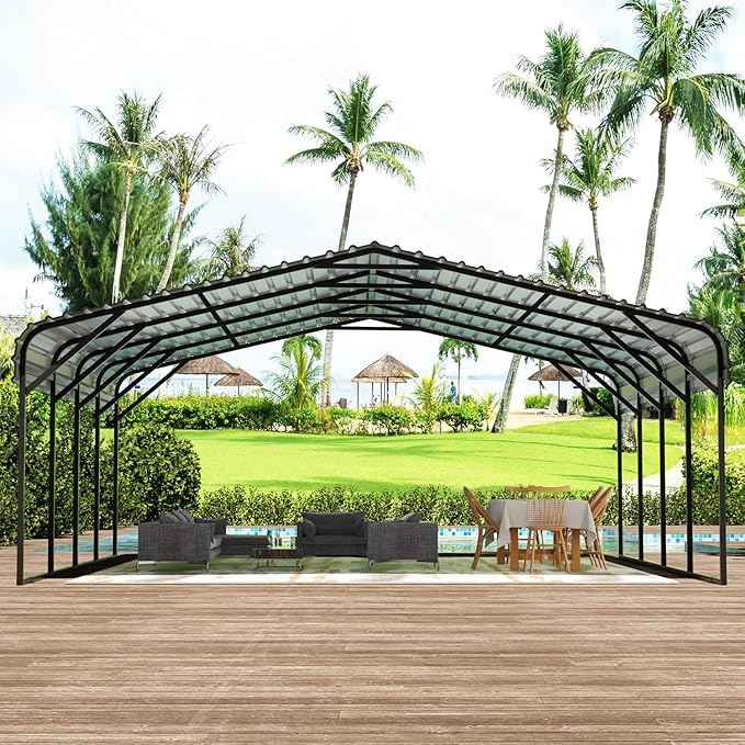 EBE 20' x 20' Metal Carport, Outdoor Heavy Duty Carports Canopy with Galvanized Roof and Enhanced Base, Carport Garage Car Shelter Shade for Truck, Boat, Tractors