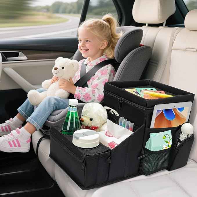 Backseat Organizer for Kids and Passenger Seat Organizer for Adults - Car Seat Cooler and Warmer with Cup Holders and Convertible Tray Lid(Black)