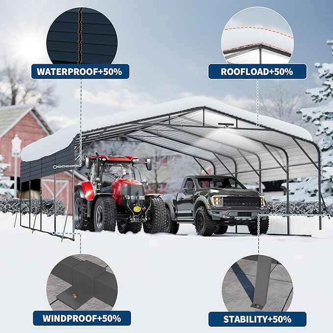 20x20FT Heavy Duty Metal Carport w/Led Light,Outdoor Portable Car Garage,Reinforced Base & Galvanized Steel Roof, Outdoor Car Port Canopy Shelter for Boats, Full-Sized Pickup Trucks