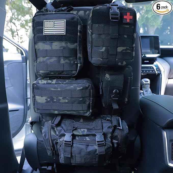 Universal Tactical Car Seat Back Organizer Bag Tactical Molle Vehicle Organizers Panel Vehicle Protector Organizers with 5 Detachable Pouches for Car Truck Ford Jeep (Black camo)