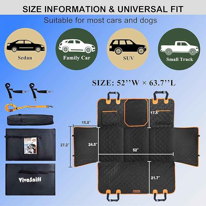 Hard Bottom Back Seat Extender for Dogs, Waterproof Dog Car Seat Cover, 420lb Support, 600D Heavy Duty Car Seat Protector Dog Hammock for Sedan, SUV, Small Truck(Black & Orange)