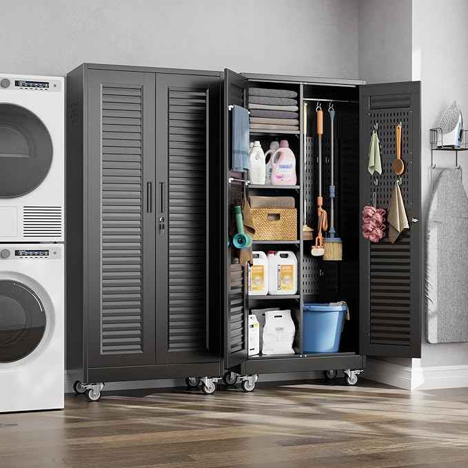 Aobabo Lockable Metal Storage Cabinet with 4 Adjuatable Shelves,Garage Storage Cabinet with Wheels and 5 Remove Pegboard,Required Assembly,Black,70.87''H*31.5''W*15.75''D