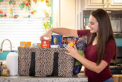 Extra Large Utility Tote Bag - Oversized Collapsible Reusable Wire Frame Rectangular Canvas Basket With Two Exterior Pockets For Beach, Pool, Laundry, Car Trunk, Storage - Leopard