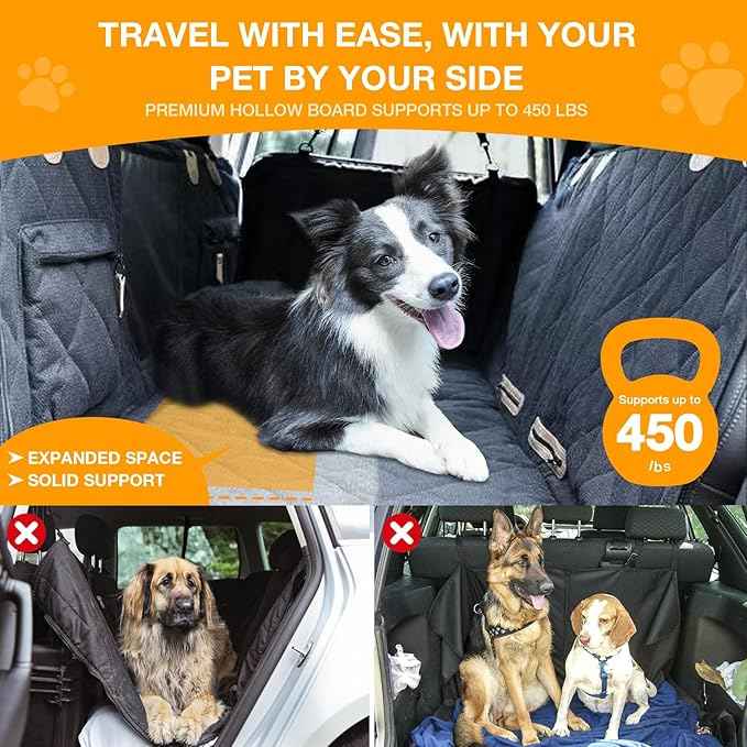 Dog Car Seat Cover, Hard-Bottom Back Seat Extender for Pets, Waterproof Nonslip Hammock for Car, Backseat Dog Bed for Cars SUVs Trucks, Car Seat Protector, Universal Fit 52 x 25 in, Black