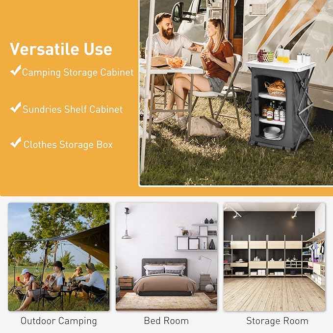 Goplus Folding Camping Storage Cabinet, Pop Up Outdoor Camping Kitchen Station with Large 3-Tier Storage Organizer, Carry Bag, Easy Set Up Portable Compact Camping Table for BBQ Picnic Backyard (35'')