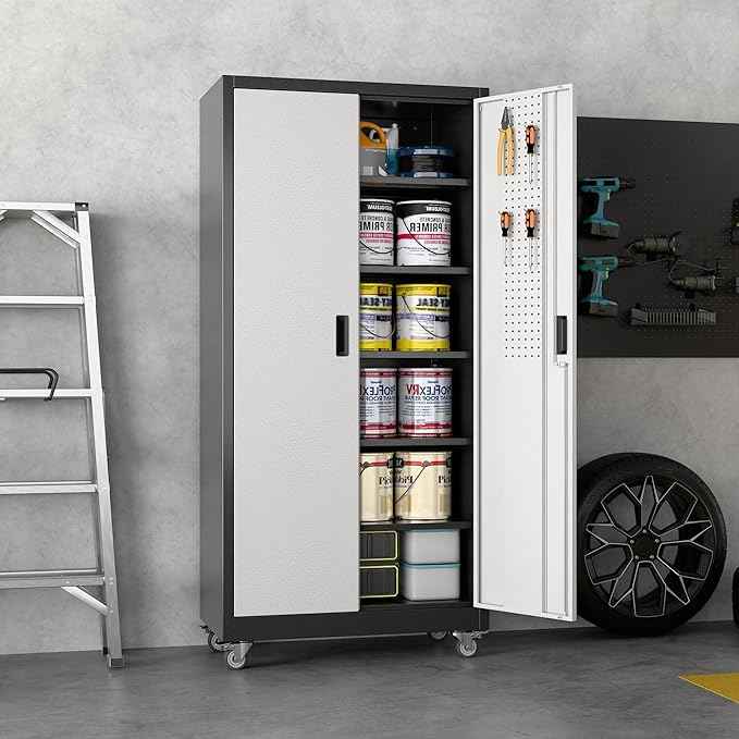 Aobabo Garage Storage Cabinet with Wheels, Metal Storage Cabinet with 5 Adjustable Shelves for Garage Home, Black&Silver,71" H*34''W*18''D,Required-Assembly,