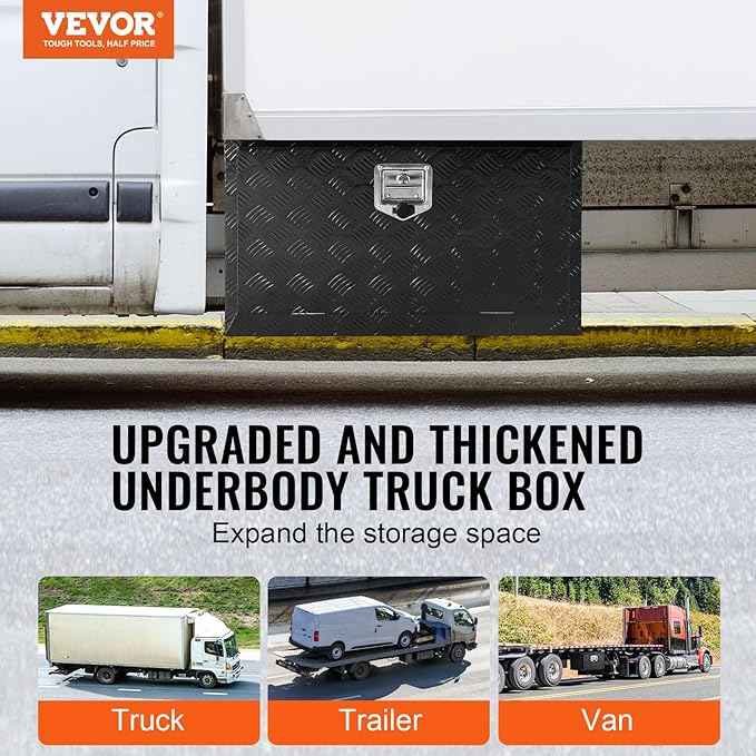 VEVOR Underbody Truck Box, 30"×14"×16" Pickup Storage Box, Heavy Duty Aluminum Diamond Plate Tool Box with Lock and Keys, Waterproof Trailer Storage Box with T-Handle Latch for Truck, Van, Trailer