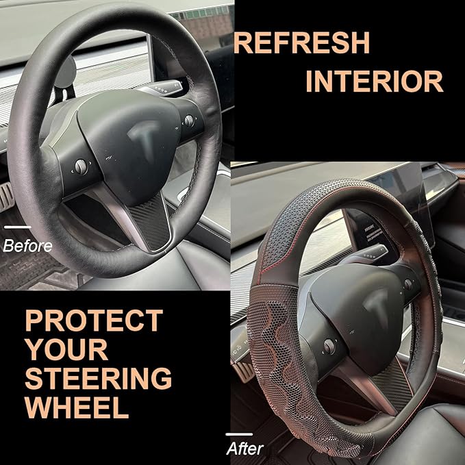 PINCTROT Great Grip Steering Wheel Cover for Tesla Model Y/3 2016-2025 2026 Highland/Juniper, D Shaped 14 Inch Small Sized, Flat Bottom with 3D Honeycomb Anti-Slip Design (Great Grip Black/Red Stitch)