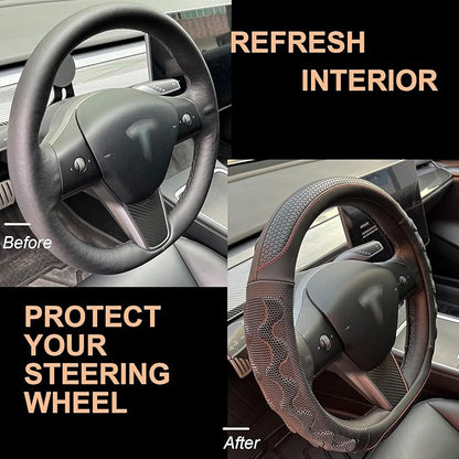 PINCTROT Great Grip Steering Wheel Cover for Tesla Model Y/3 2016-2025 2026 Highland/Juniper, D Shaped 14 Inch Small Sized, Flat Bottom with 3D Honeycomb Anti-Slip Design (Great Grip Black/Red Stitch)