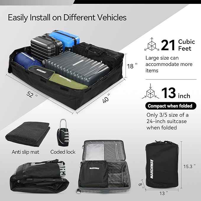 MARCHWAY Waterproof Car Roof Luggage Bag, Weatherproof Soft Shell Rooftop Cargo Carrier Bag for Vehicles with or Without Rack. 6 Door Hooks, Anti Slip Mat, Lock Included (21 Cubic Feet, Black)